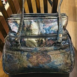 Vintage Metallic Floral Leather Tote Bag Multi-Pocket Vintage Loud Inspired Blue